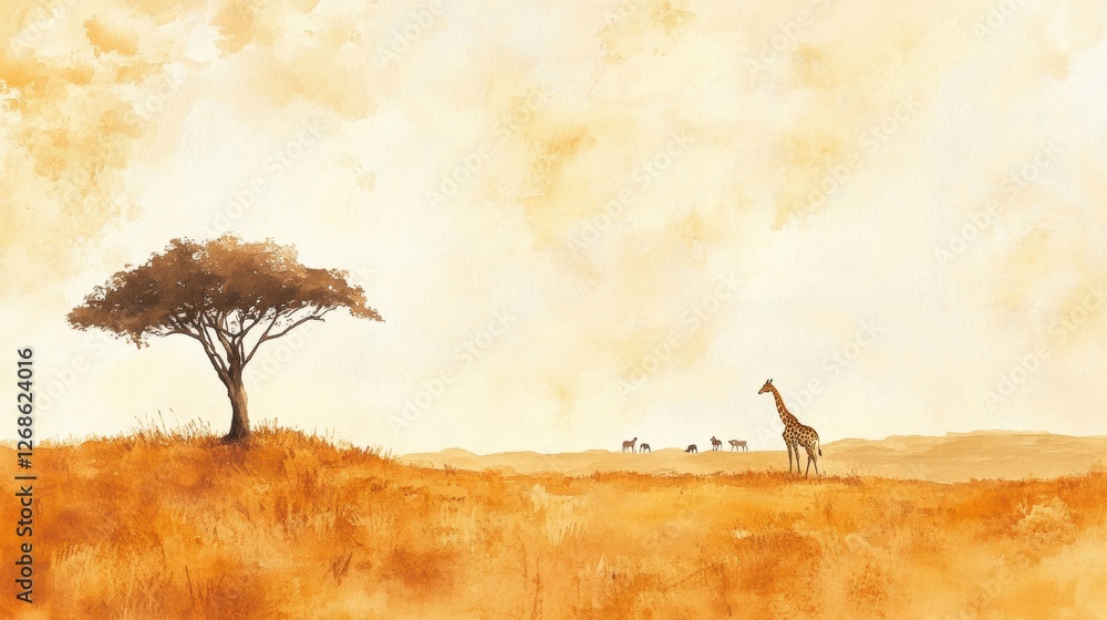 Poster giraffe walking in golden grassland under a hazy sky in a serene nature setting. generative ai