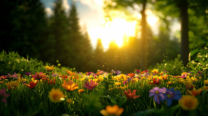 Fototapeta premium Vibrant Wildflower Meadow at Sunset