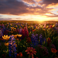 Vibrant Wildflower Meadow at Sunset