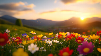 Fototapeta premium Vibrant Wildflower Meadow at Sunset in Mountain Landscape