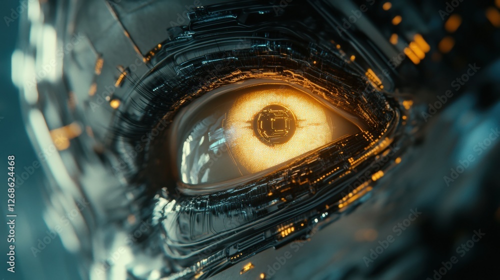 Poster close up view of a robotic eye glowing softly amid intricate circuits in a futuristic design setting