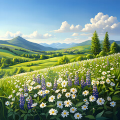 Obraz premium Vibrant Wildflower Meadow with Mountain Landscape