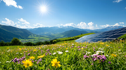 Vibrant Wildflower Meadow with Solar Panels and Mountain View