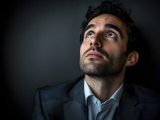 Obraz premium Man in Suit Looking Up with Thoughtful Expression