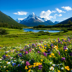 Fototapeta premium Vibrant Wildflower Meadow with Snowcapped Mountain and Lake
