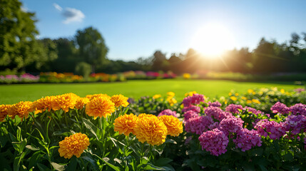 Fototapeta premium Vibrant Yellow and Pink Flowers in a Sunny Garden