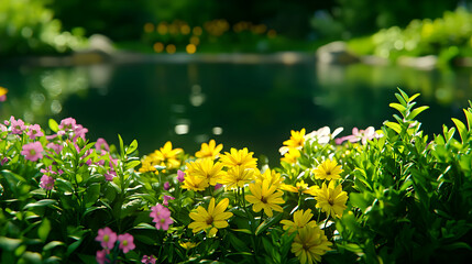 Obraz premium Vibrant Yellow and Pink Flowers by a Serene Pond