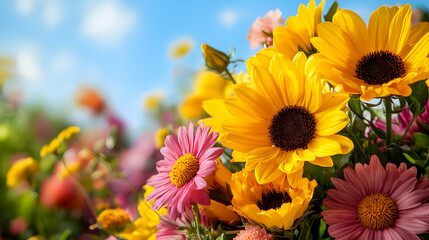Obraz premium Vibrant Yellow and Pink Flowers in Sunny Meadow