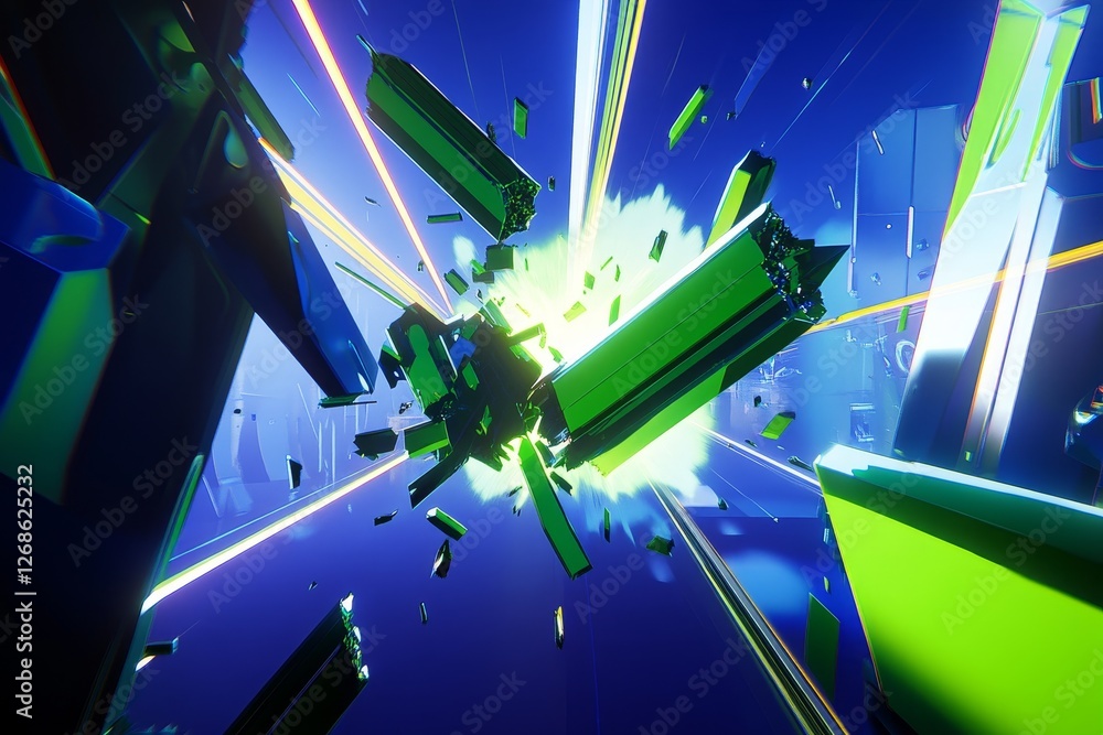 Poster bright exploding crystals in futuristic abstract digital space