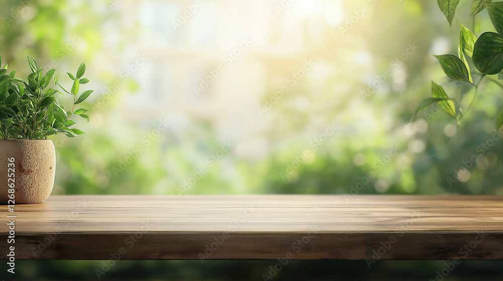 Poster wooden table with spring greenery: a rustic wooden table sits in the foreground, showcasing a small 
