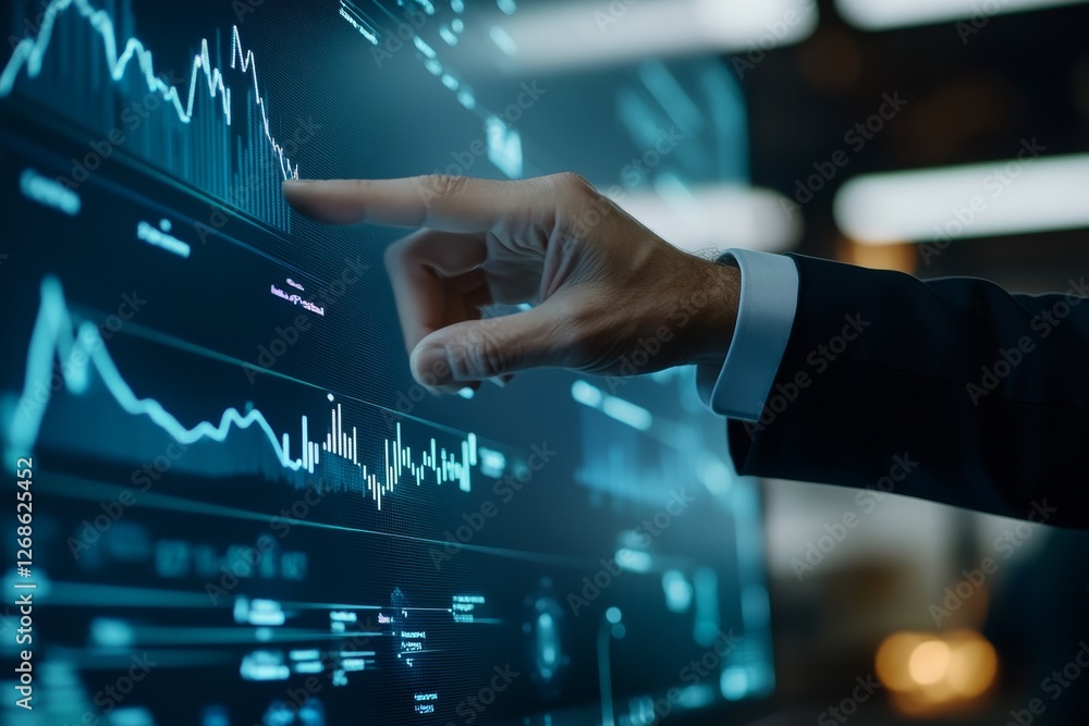Poster business professional interacting with digital data visualization display
