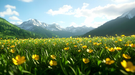 Fototapeta premium Vibrant Yellow Flowers in Alpine Meadow with Snow-Capped Mountains
