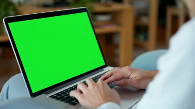 Close-up of a person's hands typing on a laptop computer with a solid green screen.