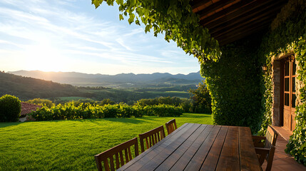 Vineyard Landscape with Wooden Table and Sunset View