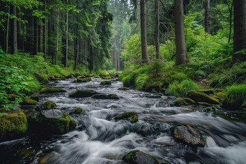 Obraz premium River forest water flowing stream and tall tree wild jungle and rock stone wet woodland