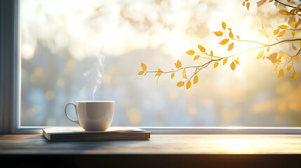 Obraz premium Warm Autumn Sunlight Illuminates a Coffee Cup and Book on a Windowsill