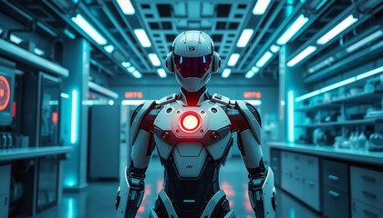 A Futuristic Robot Standing in a High-Tech Laboratory