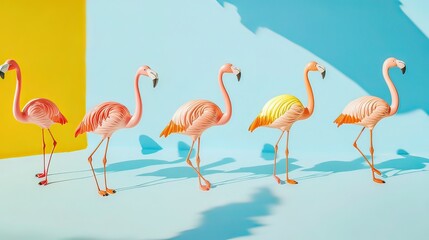 Naklejka premium Flamingo toys in motion, vibrant colors, simple yet creative design, evoking joy and playfulness.