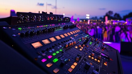 Sound mixing console at outdoor concert.
