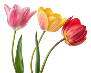 Naklejka premium Beautiful close-up of vibrant pink, yellow, and red tulips isolated on a white background. Perfect for spring, floral design, or nature-themed projects.