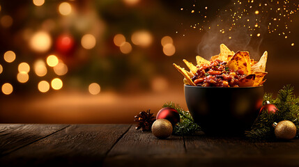 Warm Nachos in Black Bowl Festive Christmas Setting