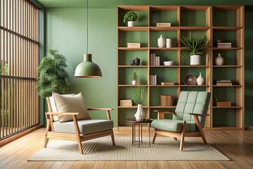 Green room, relaxing chairs, wooden shelves, large window, interior design