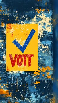 Brightly colored poster of VOTT with a checkmark on a weathered blue and yellow background in an urban setting
