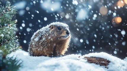 Obraz premium Punxsutawney Phil predicts six more weeks of winter on a snowy calendar page, symbolizing the enduring chill of the season.