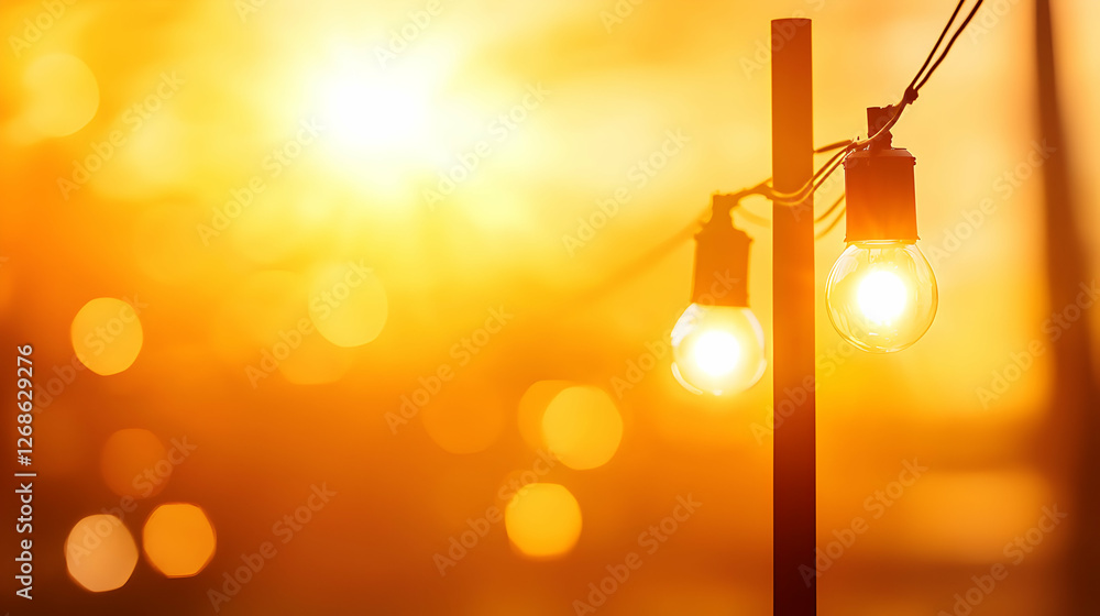 Poster warm sunset with string lights and bokeh