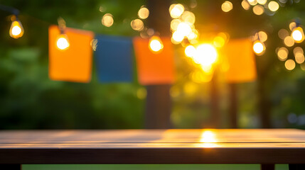 Warm Sunset with String Lights and Wooden Table