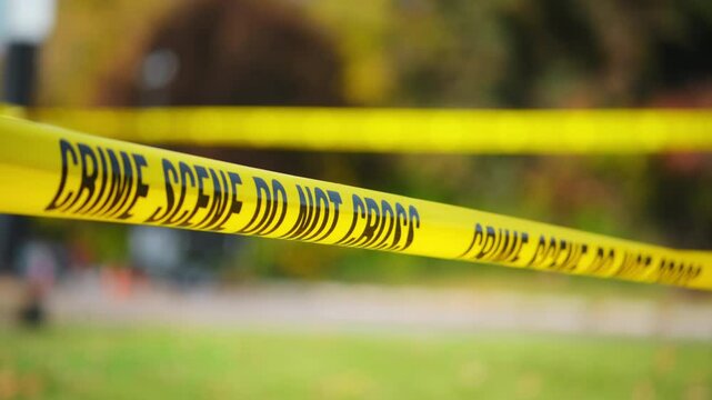 A bright yellow Crime Scene Do Not Cross tape stretched across an urban environment, marking a restricted area for investigation. 