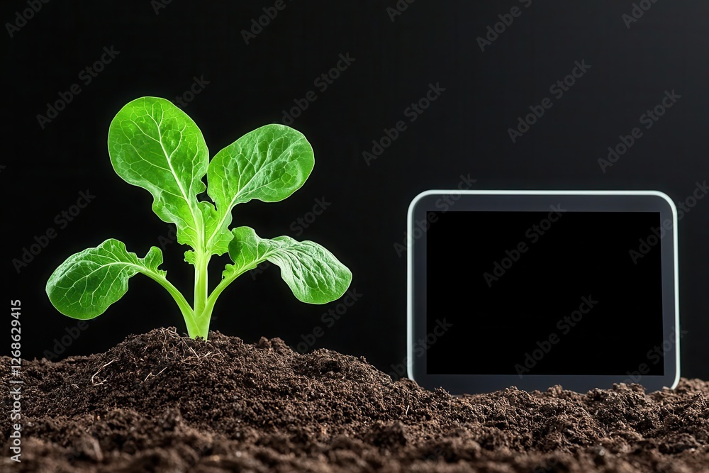 Poster gardening tech soil sensors precision. soil sensors with digital displays in a community garden, pre