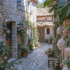 A Charming Stone Village Lane Adorned with Blooming Roses and Lush Greenery, Cobblestone Pathway, Rustic Architecture, Mediterranean Charm
