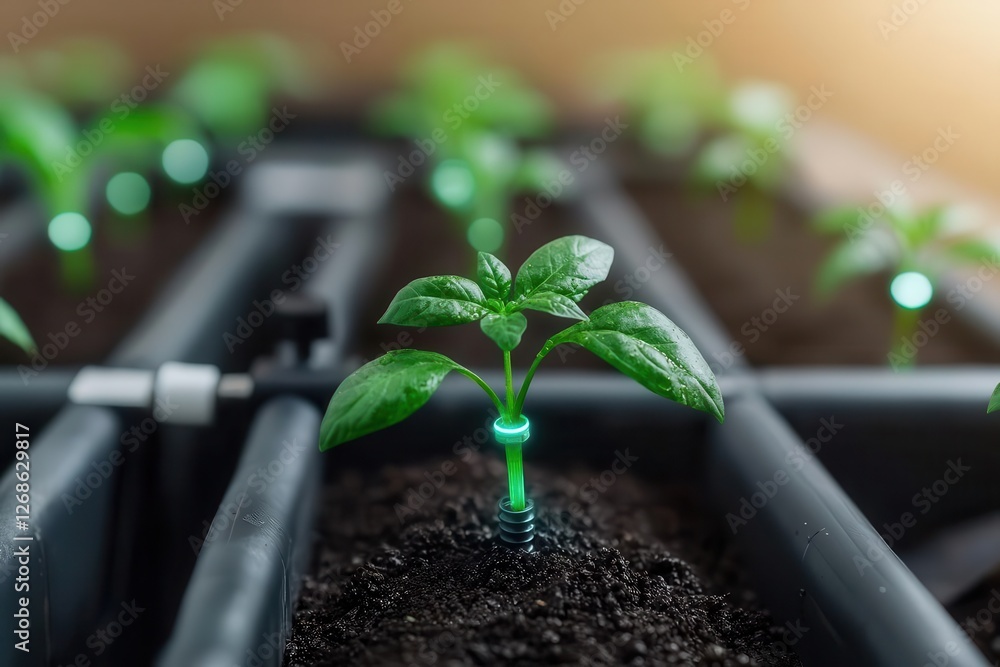 Poster gardening tech smart irrigation innovation. intelligent irrigation systems using blockchain for effi