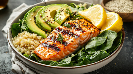 A protein-packed salad bowl with grilled salmon quinoa