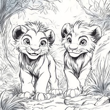 Adorable Lion Cub Duo in Serene African Savanna: A Black and White Ink Sketch