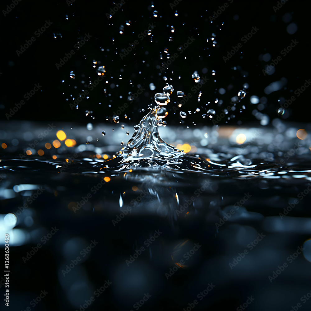 Poster water drop splashing on dark surface with bokeh lights
