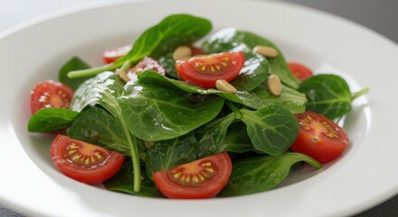 Fresh Salad with Spinach, Tomatoes, and Pine Nuts in a White Bowl