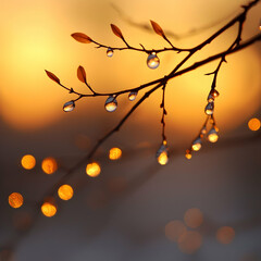 Water Droplets on Branch at Sunset