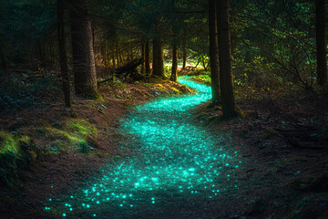 Fototapeta premium Enchanted Forest Pathway with Glowing Bioluminescent Trail at Twilight