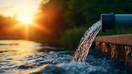 Fototapeta premium Water Flowing from Pipe into River at Sunset