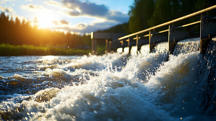 Water Flowing Over Wooden Dam at Sunset