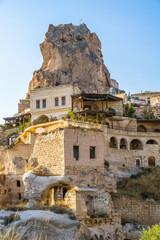 Ortahisar Castle and ancient stone houses in Cappadocia, Turkey
