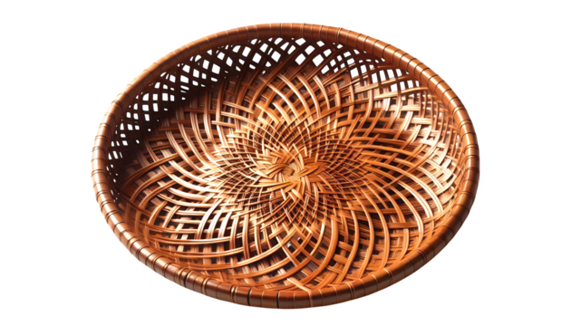 A handcrafted polished rattan plate showcases intricate weaving and a natural texture. Its warm tones and circular design create an elegant appeal