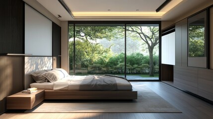 Minimalist bedroom featuring a large comfortable bed, an open dressing area, and a wide window offering a beautiful outdoor view.