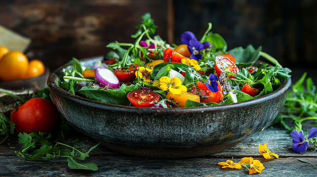 A rustic farm-to-table salad bowl with freshly harve