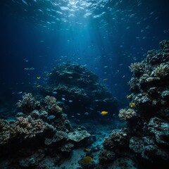 Fototapeta premium A deep-sea scene with glowing fish and dark blue abyss.