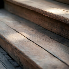 Fototapeta premium Weathered Brown Wooden Steps Closeup