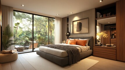 Warm-toned bedroom featuring a plush king-size bed, a well-designed dressing area, and a stunning floor-to-ceiling window.