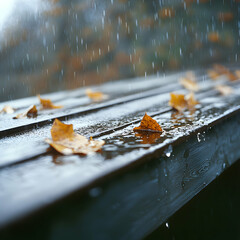 Wet Autumn Leaves on Wooden Bench in the Rain